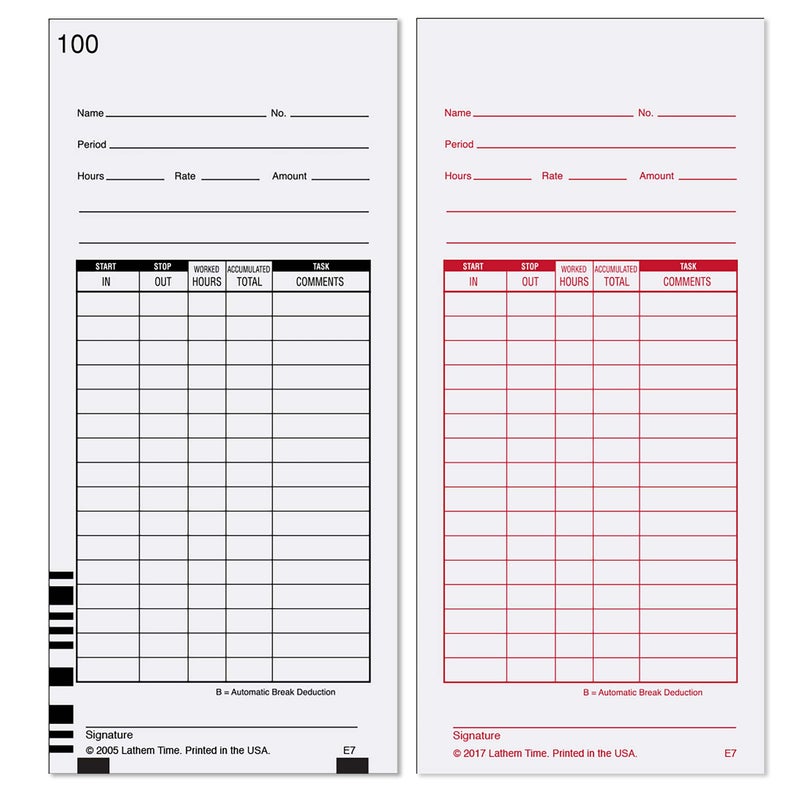 Lathem Time E7-100 Universal 2-Sided Time Cards for 7000E Time Recorder  Numbered 1-100  100/Pack  3 1/2 x 7 1/4 - Image 1